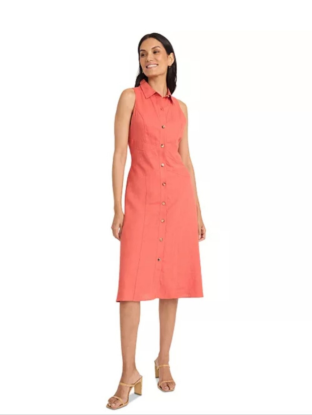 Maggy London NWT Linen Blend Coral Button Front Midi Dress Size 12 $128